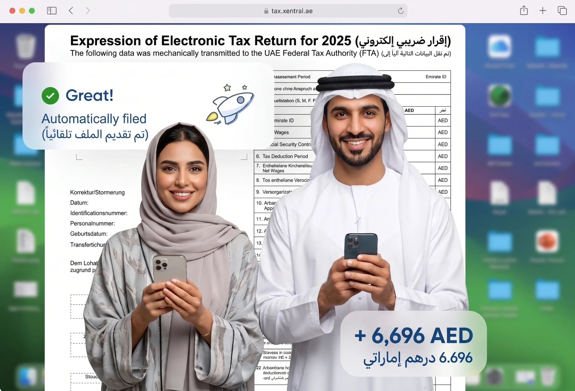 Two people using Xentral Tax on their phones in front of a tax return form